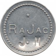RaJac - Good For 5¢ In Trade - aluminum - &quot;JM&quot; counterstamp - Portland, Multnomah County, Oregon