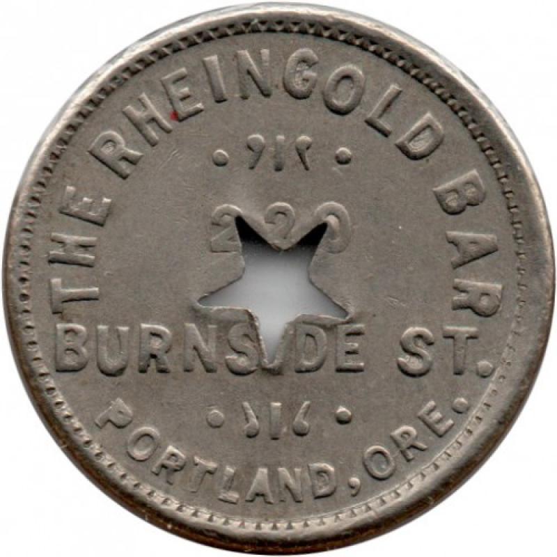 The Rheingold Bar - 220 Burnside St. - Good For 5¢ In Trade - star cutout - Portland, Multnomah County, Oregon