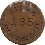 Unknown - P.T. CORP. (incuse serial number) SIXTY FIVE CENTS - (blank)