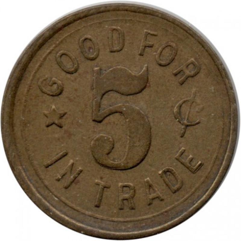 Le Jeune &amp; Kelly - Good For 5¢ In Trade - brass, one star on reverse - Portland, Multnomah County, Oregon